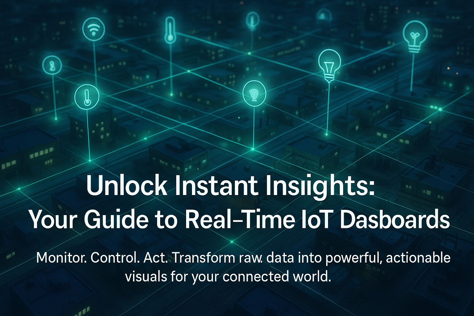 A modern digital dashboard with real-time IoT data visualizations, overlaid on a background of interconnected smart city and industrial elements.