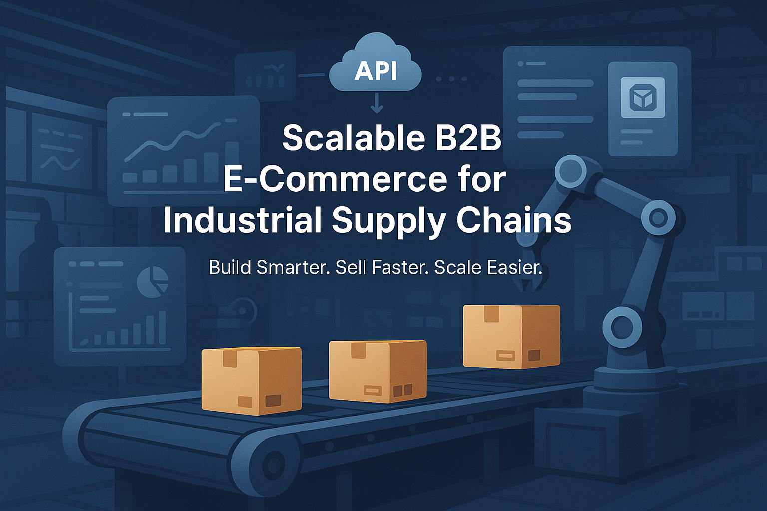 Futuristic warehouse with digital interfaces representing scalable B2B e-commerce for industrial suppliers